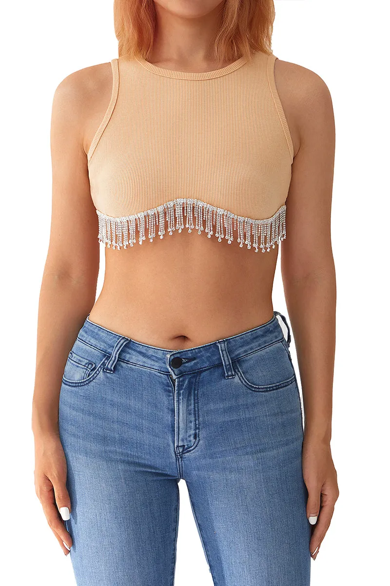 TT3115 Rhinestones Tassels Tank Top