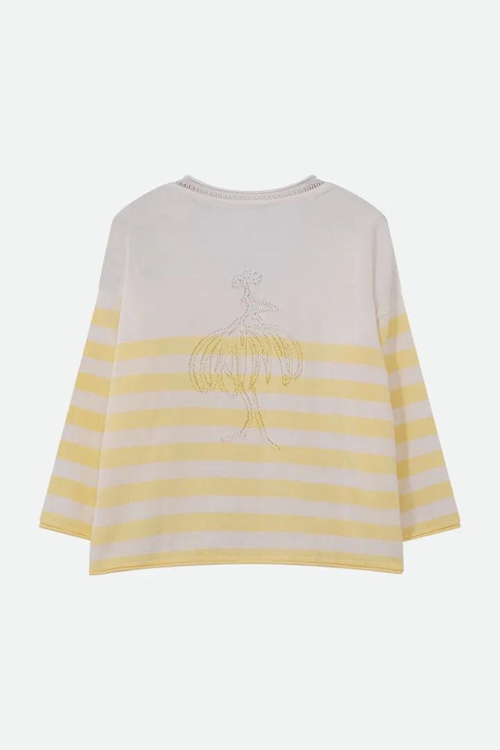 TZAR - Pull écru tricot rayé jaune Intarsia danseuse au dos