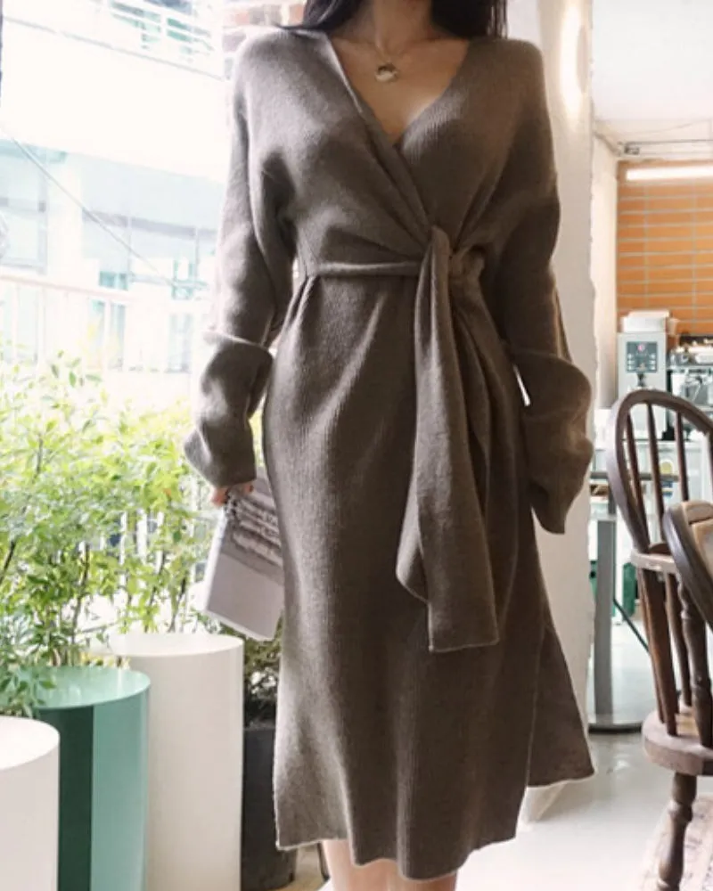 V-neck Cross Straps Long Knit Cardigan Midi Dresses