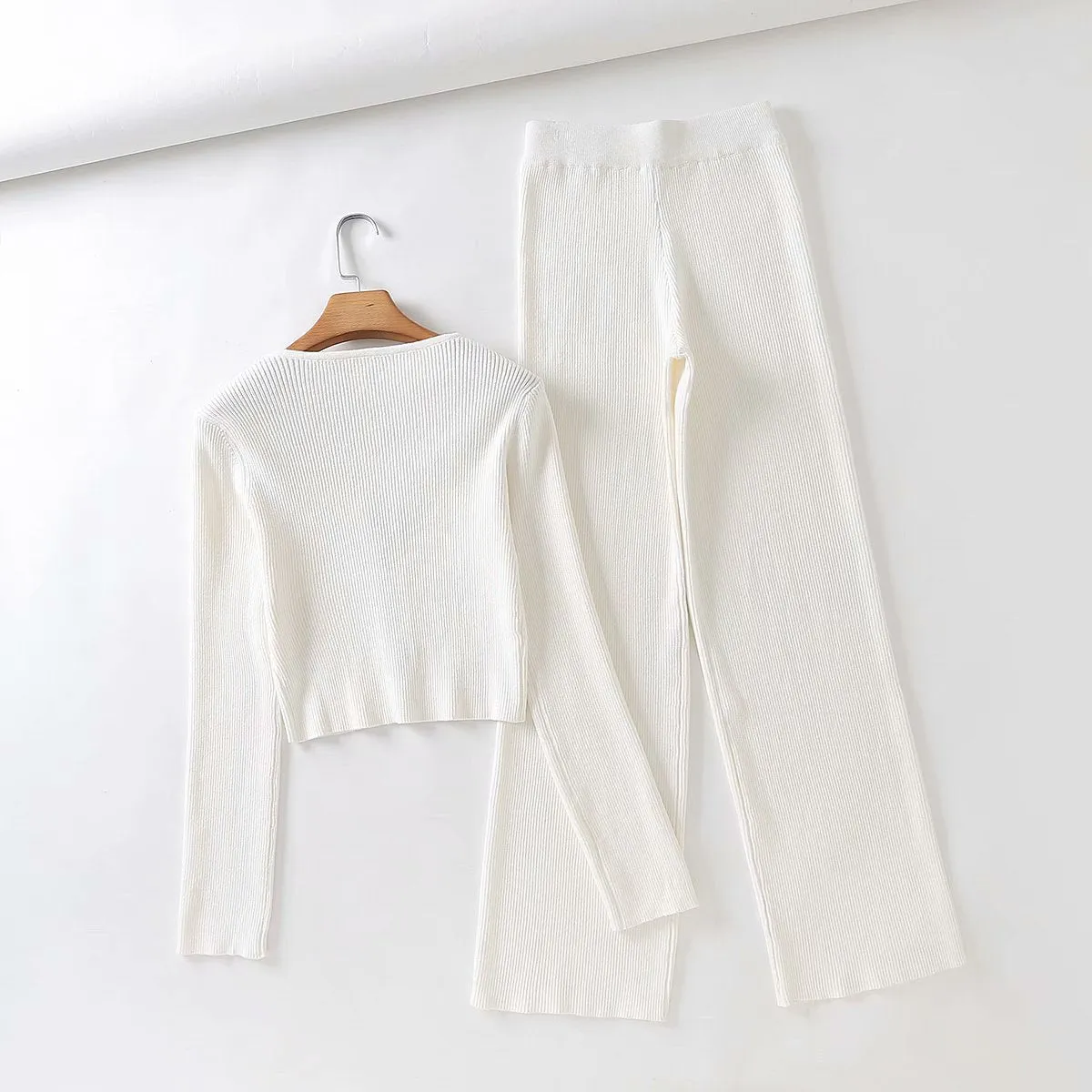 V-neck Knit Loungewear Cardigans Pants Two-piece Set