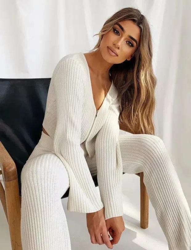 V-neck Knit Loungewear Cardigans Pants Two-piece Set