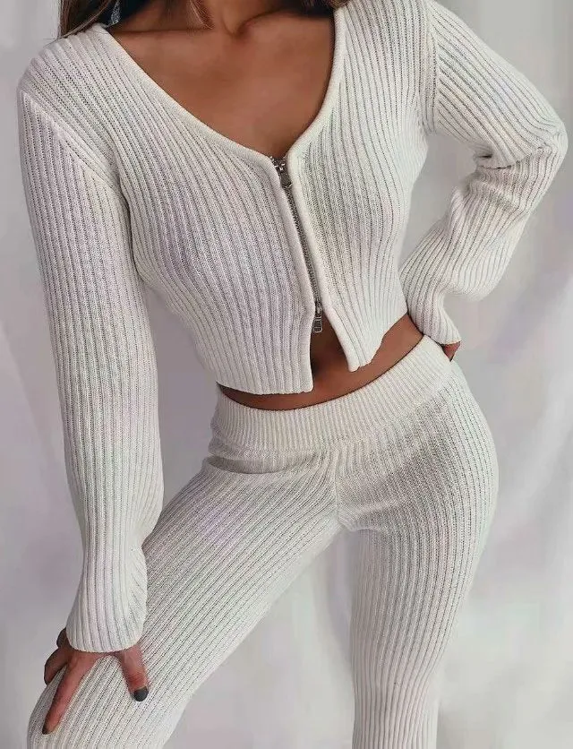 V-neck Knit Loungewear Cardigans Pants Two-piece Set