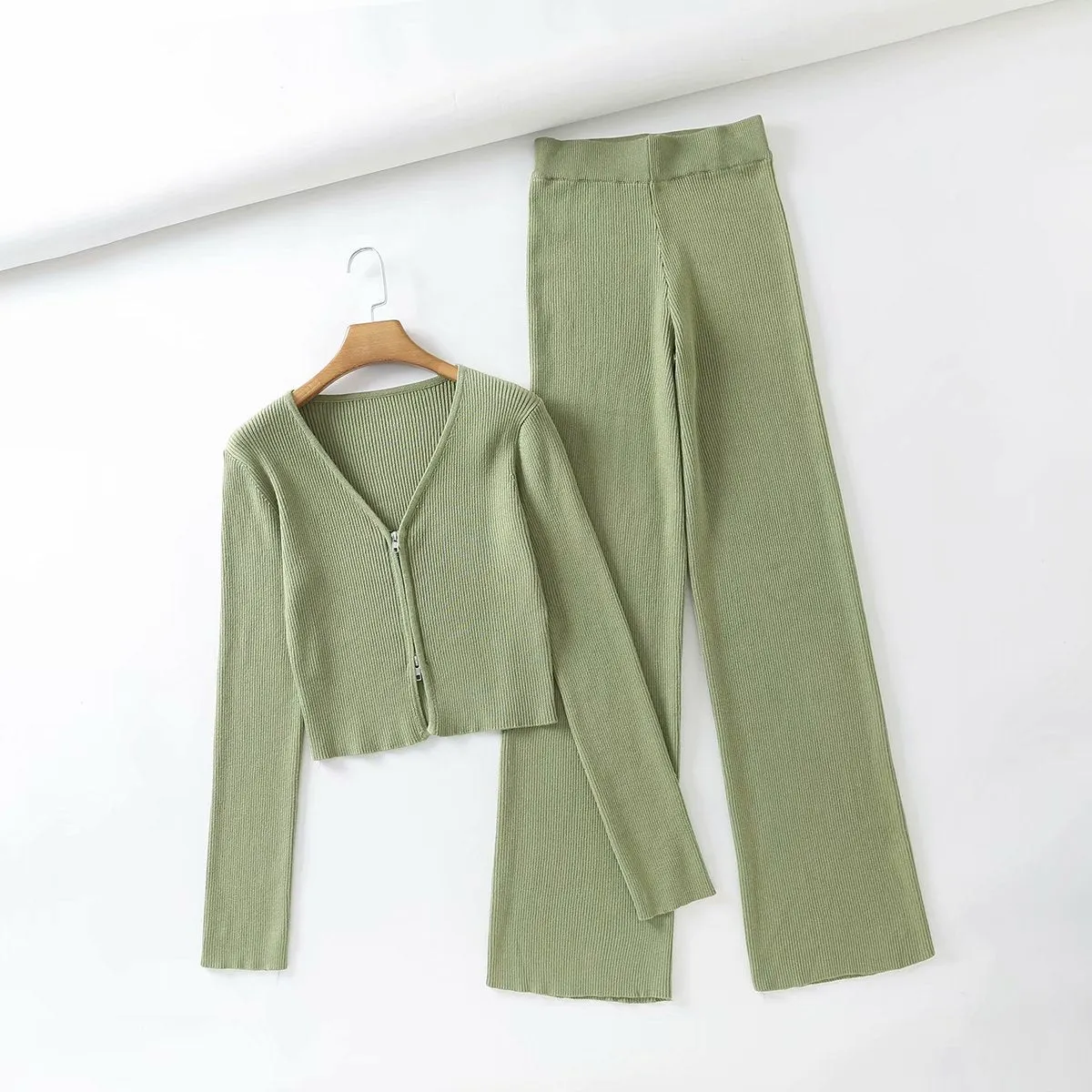 V-neck Knit Loungewear Cardigans Pants Two-piece Set
