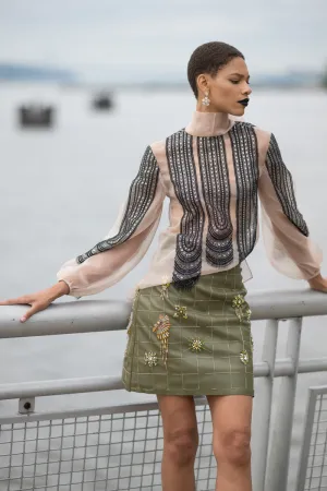Vegan Leather Crystal Embroidery Mini Skirt With High Waist