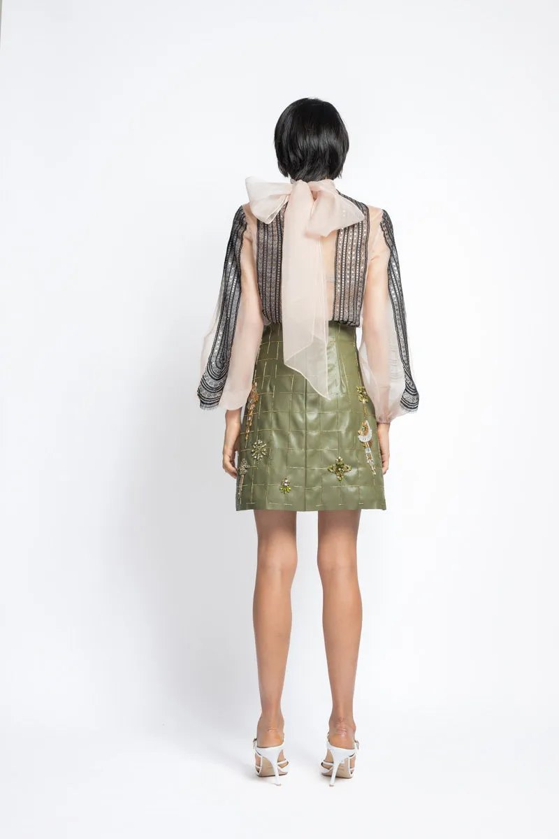 Vegan Leather Crystal Embroidery Mini Skirt With High Waist