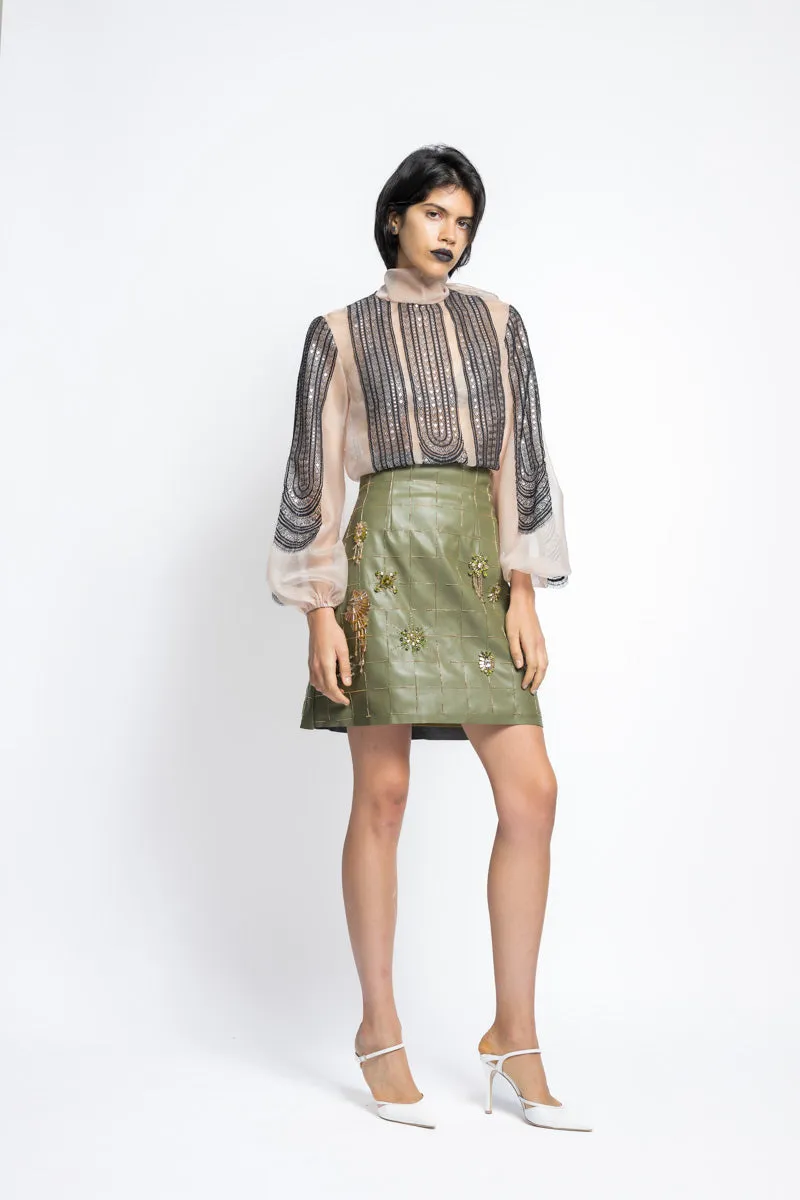 Vegan Leather Crystal Embroidery Mini Skirt With High Waist