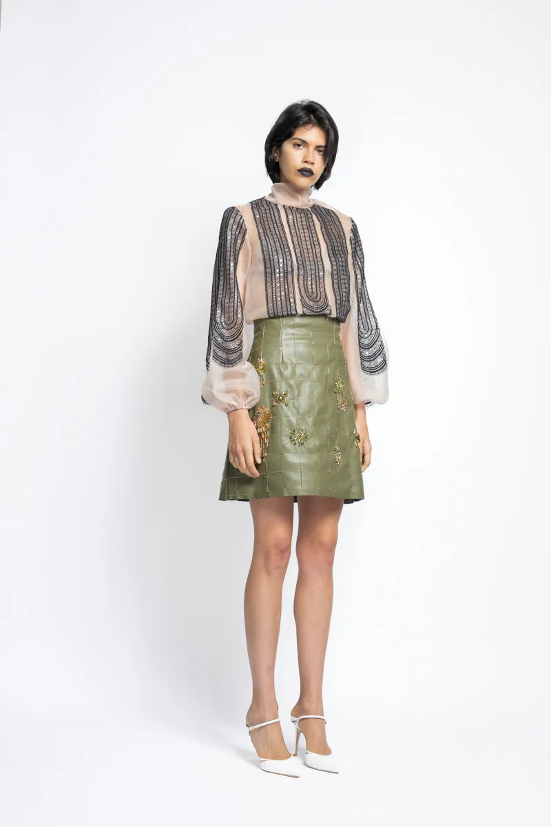Vegan Leather Crystal Embroidery Mini Skirt With High Waist