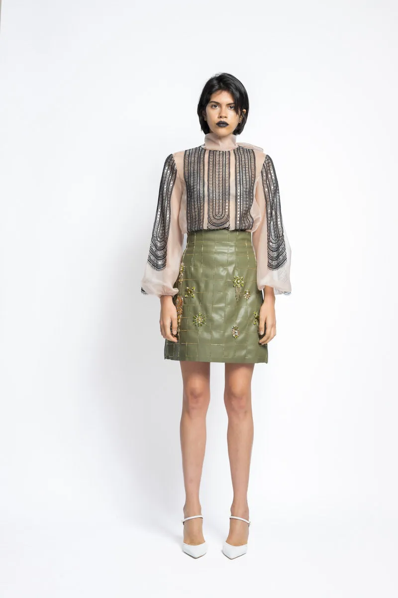 Vegan Leather Crystal Embroidery Mini Skirt With High Waist