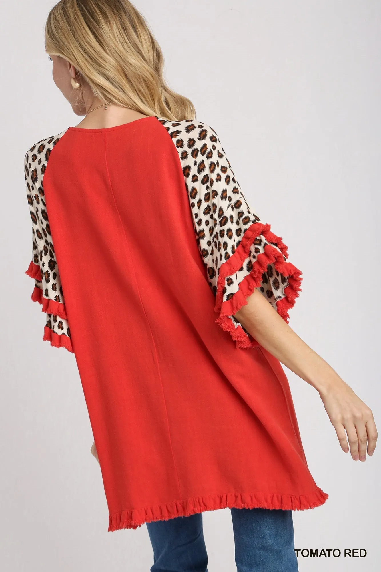 Victoria Animal Print Layered Bell Sleeve Round Neck Top In Tomato Red