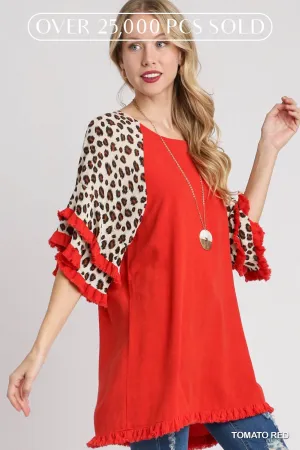 Victoria Animal Print Layered Bell Sleeve Round Neck Top In Tomato Red