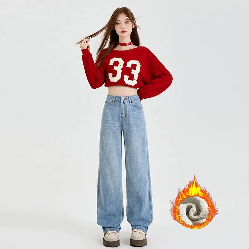Vintage Blue High Waist Velvet Padded Straight Jeans