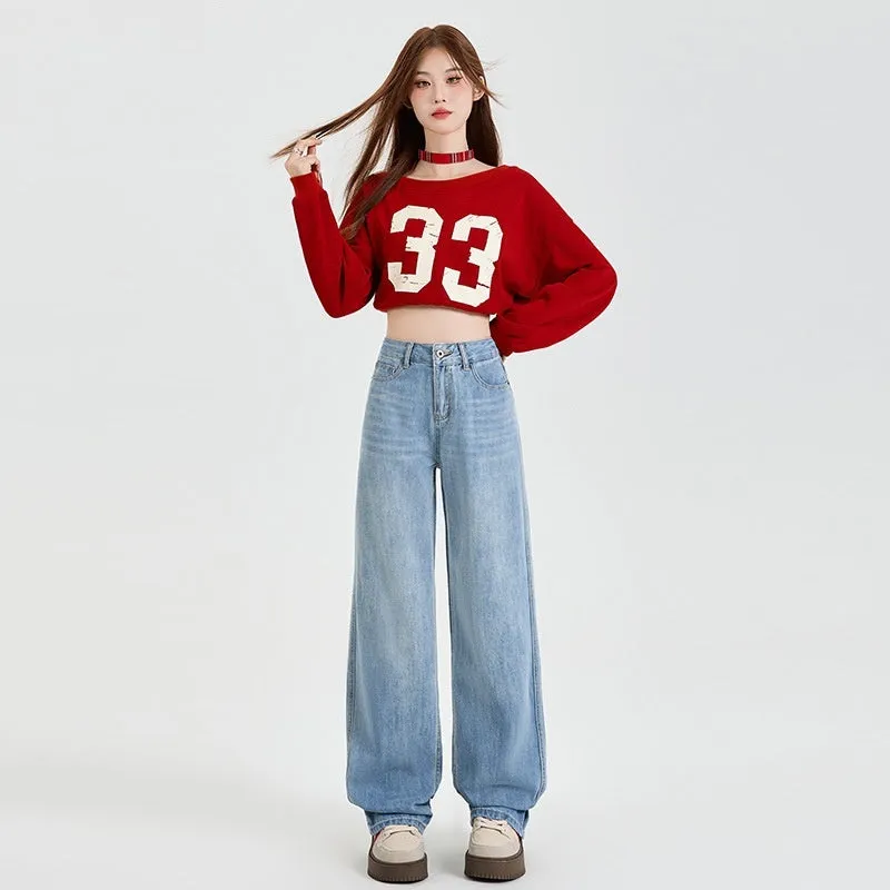 Vintage Blue High Waist Velvet Padded Straight Jeans