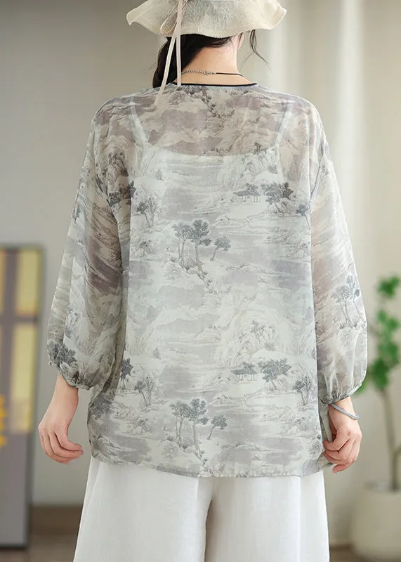 Vintage White Print Chiffon Oriental UPF 50  Cardigans Spring