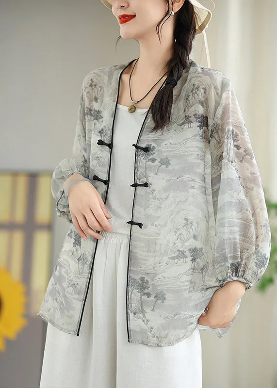 Vintage White Print Chiffon Oriental UPF 50  Cardigans Spring