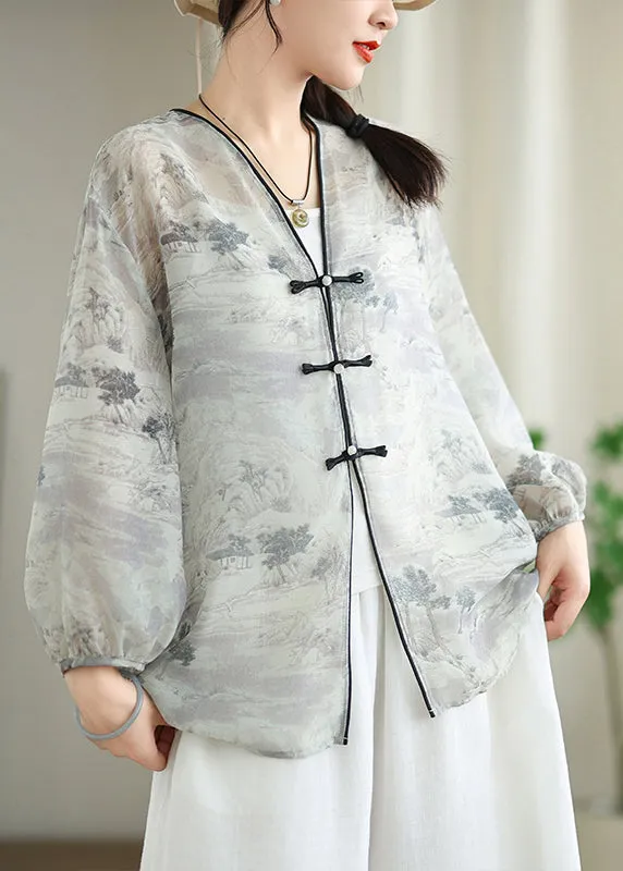 Vintage White Print Chiffon Oriental UPF 50  Cardigans Spring