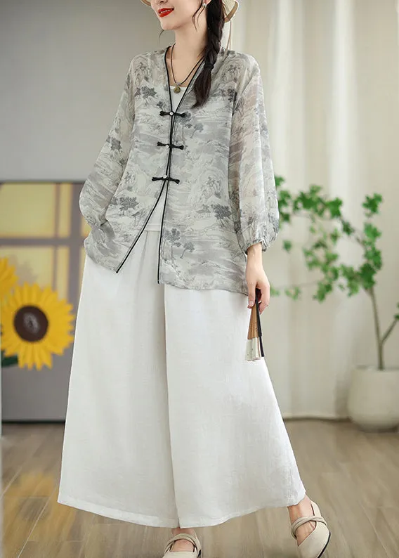 Vintage White Print Chiffon Oriental UPF 50  Cardigans Spring