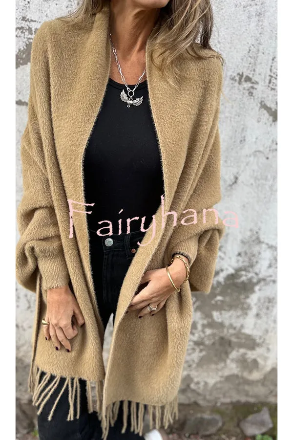 Warm Corner Knit Plush Tassel Trim Relaxed Shawl Cardigan