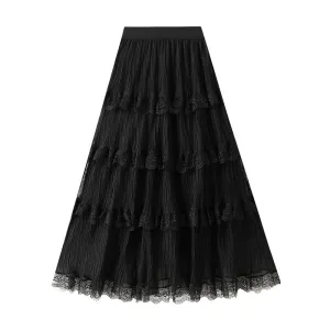 Wave Pleated Mesh Stitching Lace Skirt