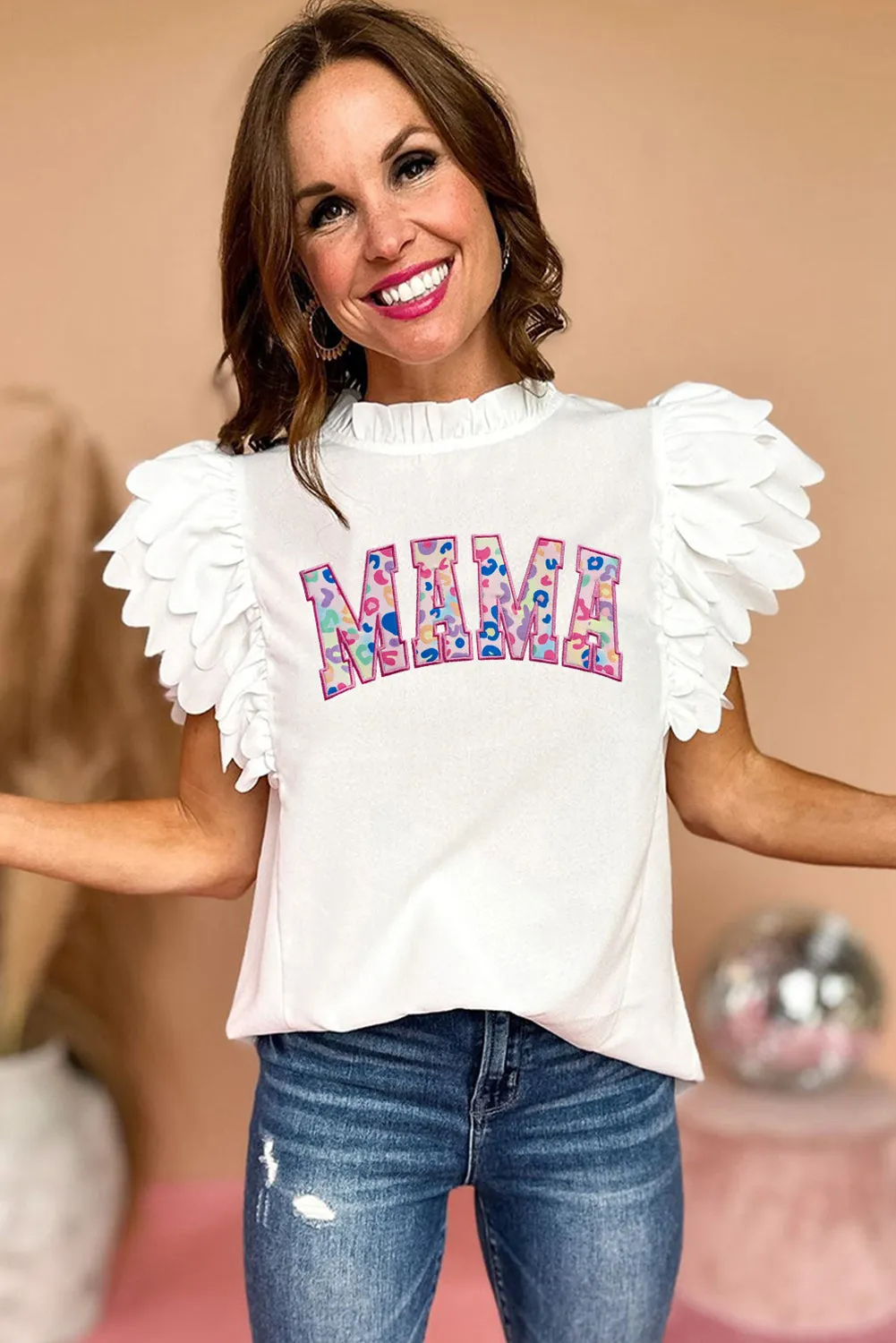 White MAMA Leopard Embroidered Layered Scalloped Sleeve Top