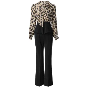 Windsor Dot Print Top   Elastic Waist Trousers Office Lady Two Piece Set