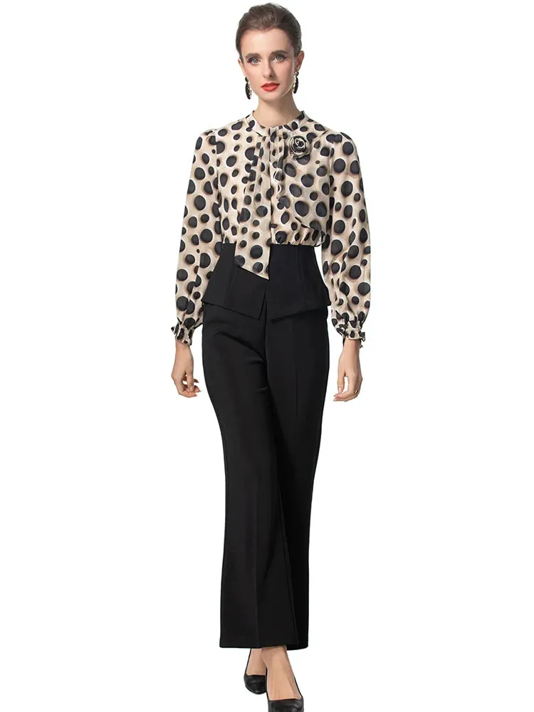 Windsor Dot Print Top   Elastic Waist Trousers Office Lady Two Piece Set