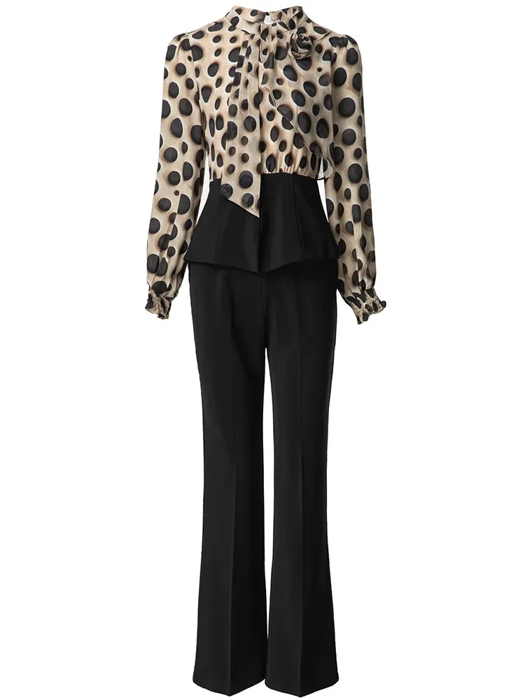 Windsor Dot Print Top   Elastic Waist Trousers Office Lady Two Piece Set