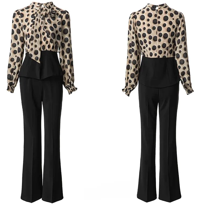 Windsor Dot Print Top   Elastic Waist Trousers Office Lady Two Piece Set