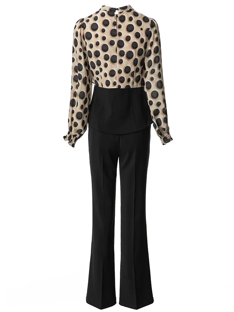 Windsor Dot Print Top   Elastic Waist Trousers Office Lady Two Piece Set