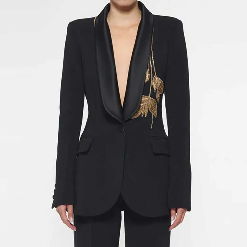 Women Satin Collar Event Pantsuit Bell-bottom Trousers Suit with Beaded