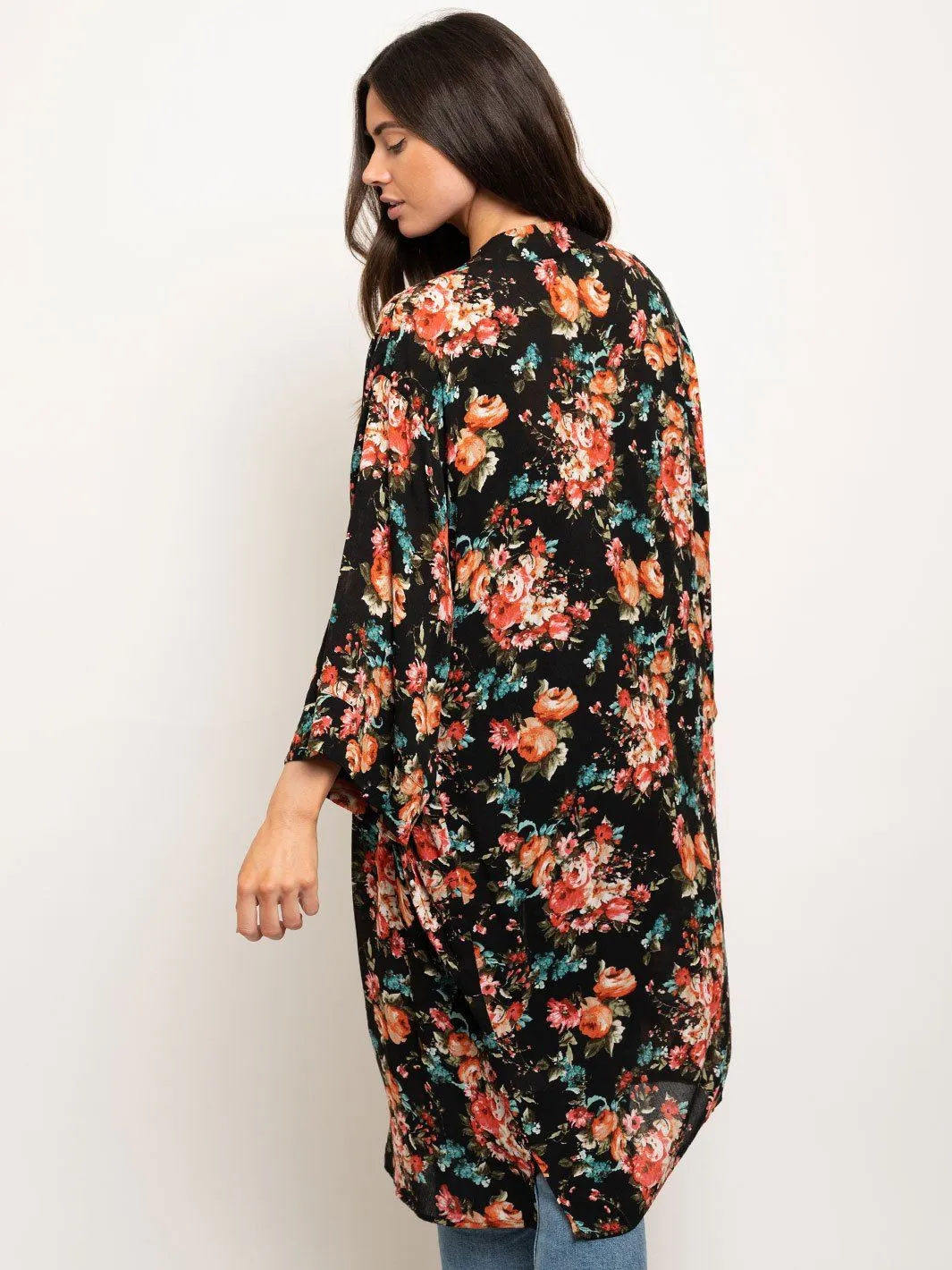 WOMEN'S 3/4 SLEEVE LONG FLORAL CARDIGAN