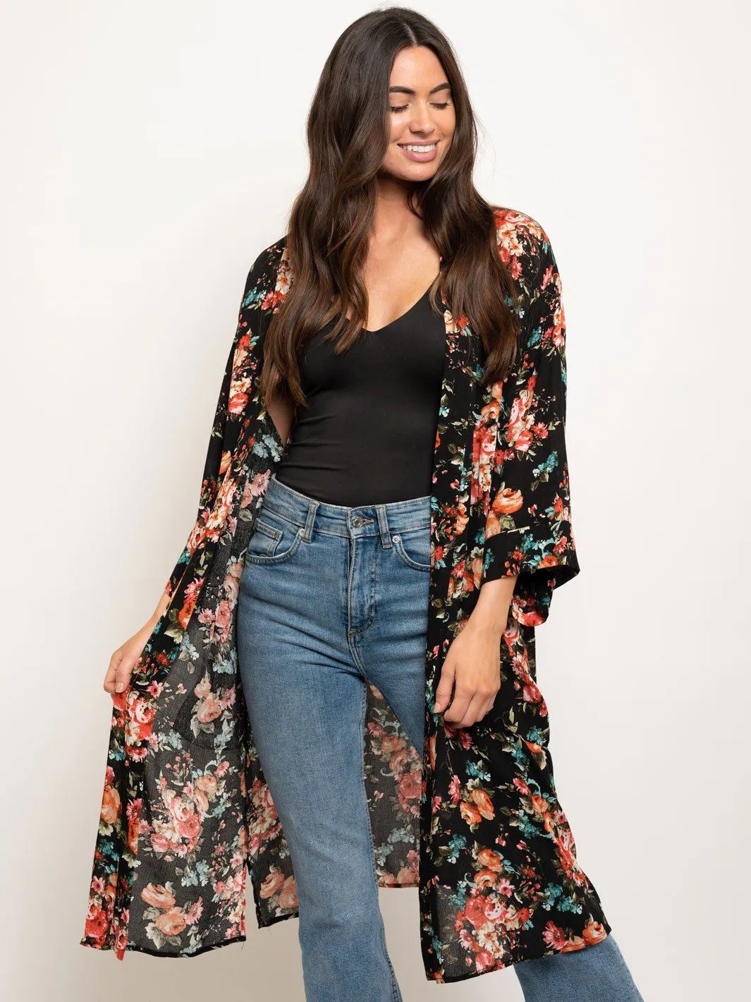 WOMEN'S 3/4 SLEEVE LONG FLORAL CARDIGAN