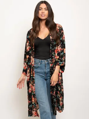 WOMEN'S 3/4 SLEEVE LONG FLORAL CARDIGAN