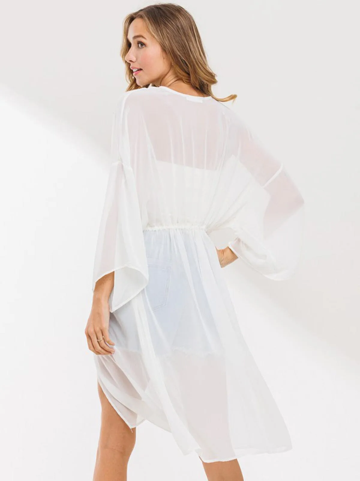 WOMEN'S 3/4 SLEEVE SELF TIE DUSTER CARDIGAN