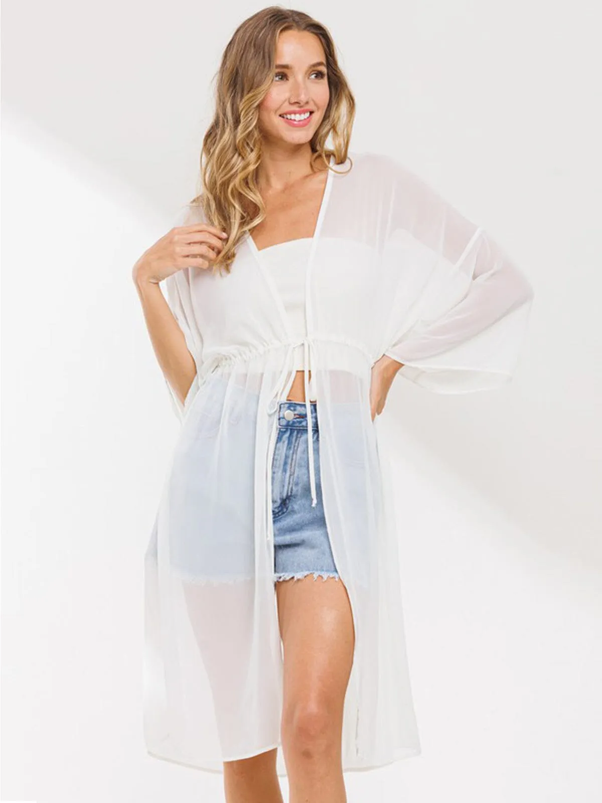 WOMEN'S 3/4 SLEEVE SELF TIE DUSTER CARDIGAN