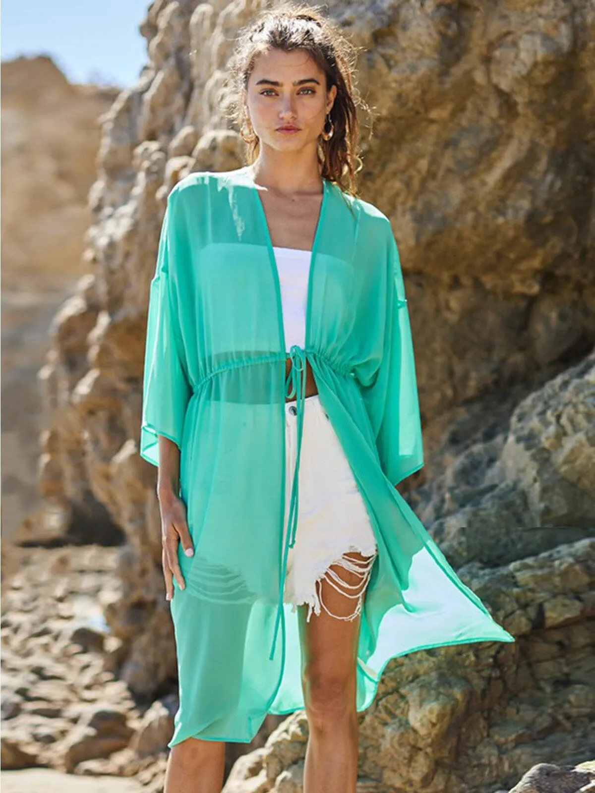 WOMEN'S 3/4 SLEEVE SELF TIE DUSTER CARDIGAN