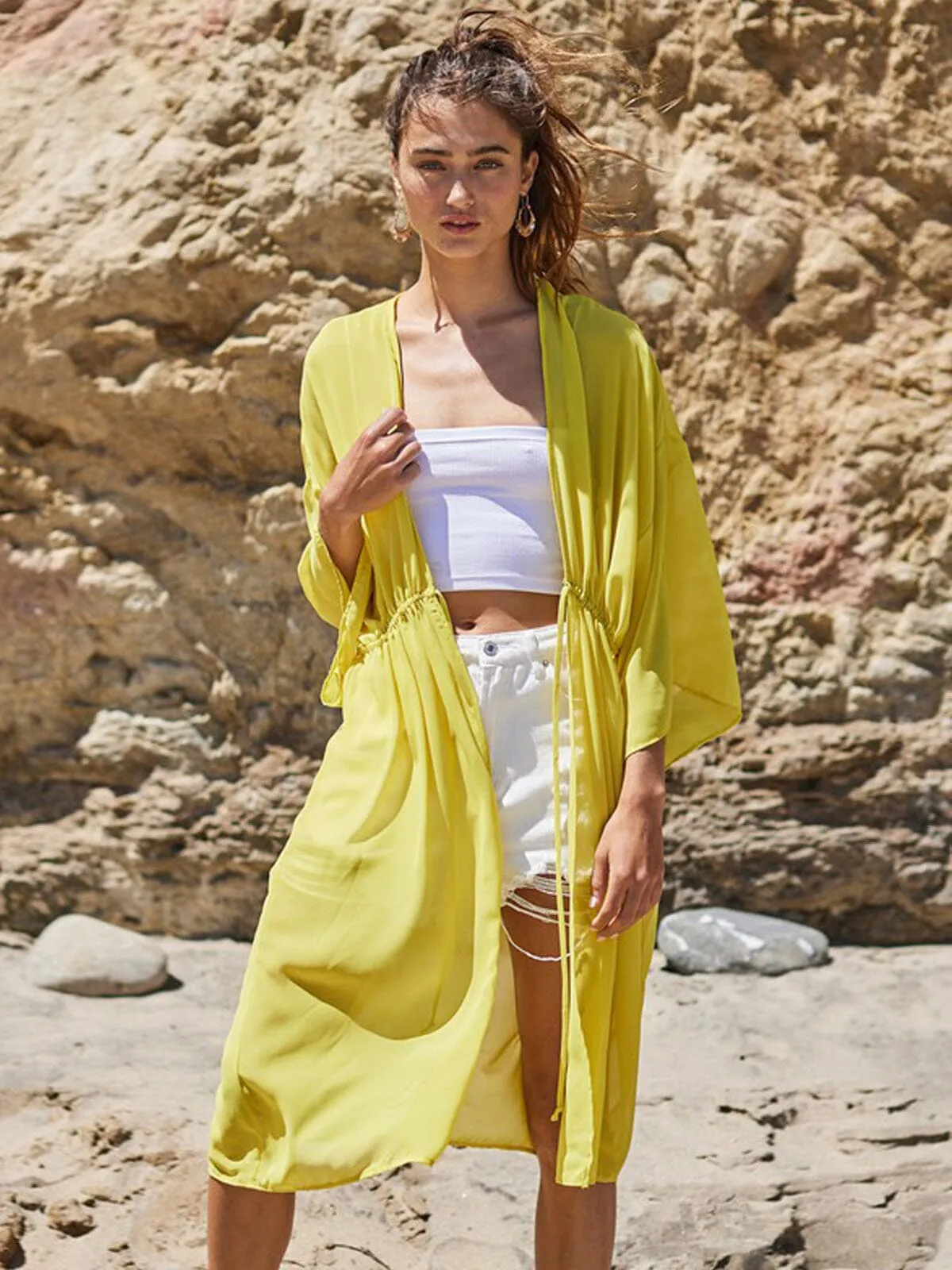 WOMEN'S 3/4 SLEEVE SELF TIE DUSTER CARDIGAN
