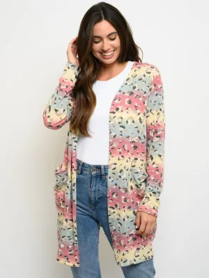 WOMEN'S ANIMAL PRINT MULTI COLOR POCKETS CARDIGAN