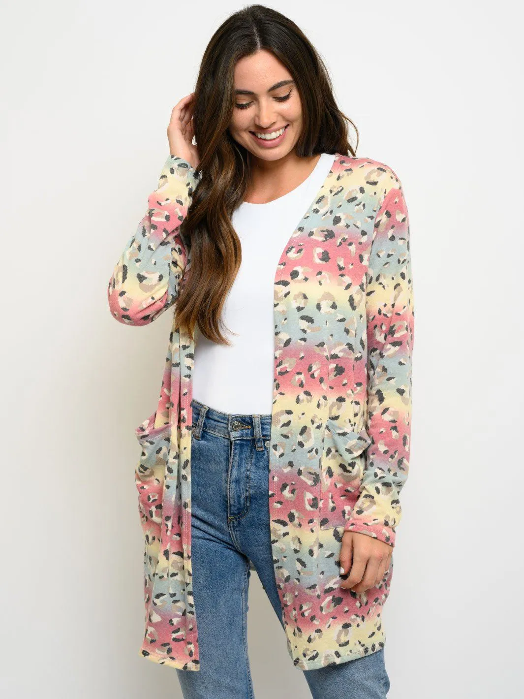 WOMEN'S ANIMAL PRINT MULTI COLOR POCKETS CARDIGAN