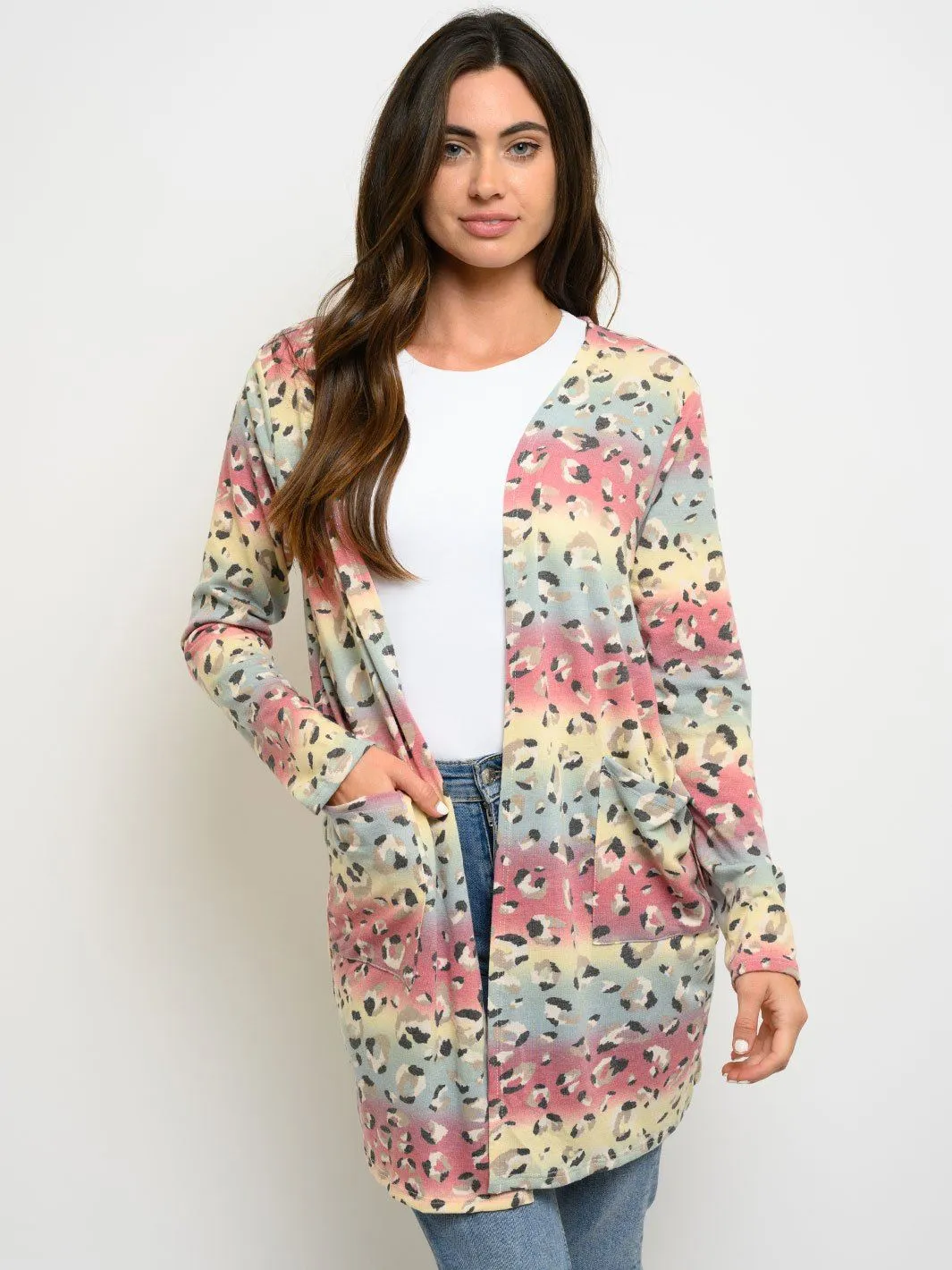 WOMEN'S ANIMAL PRINT MULTI COLOR POCKETS CARDIGAN