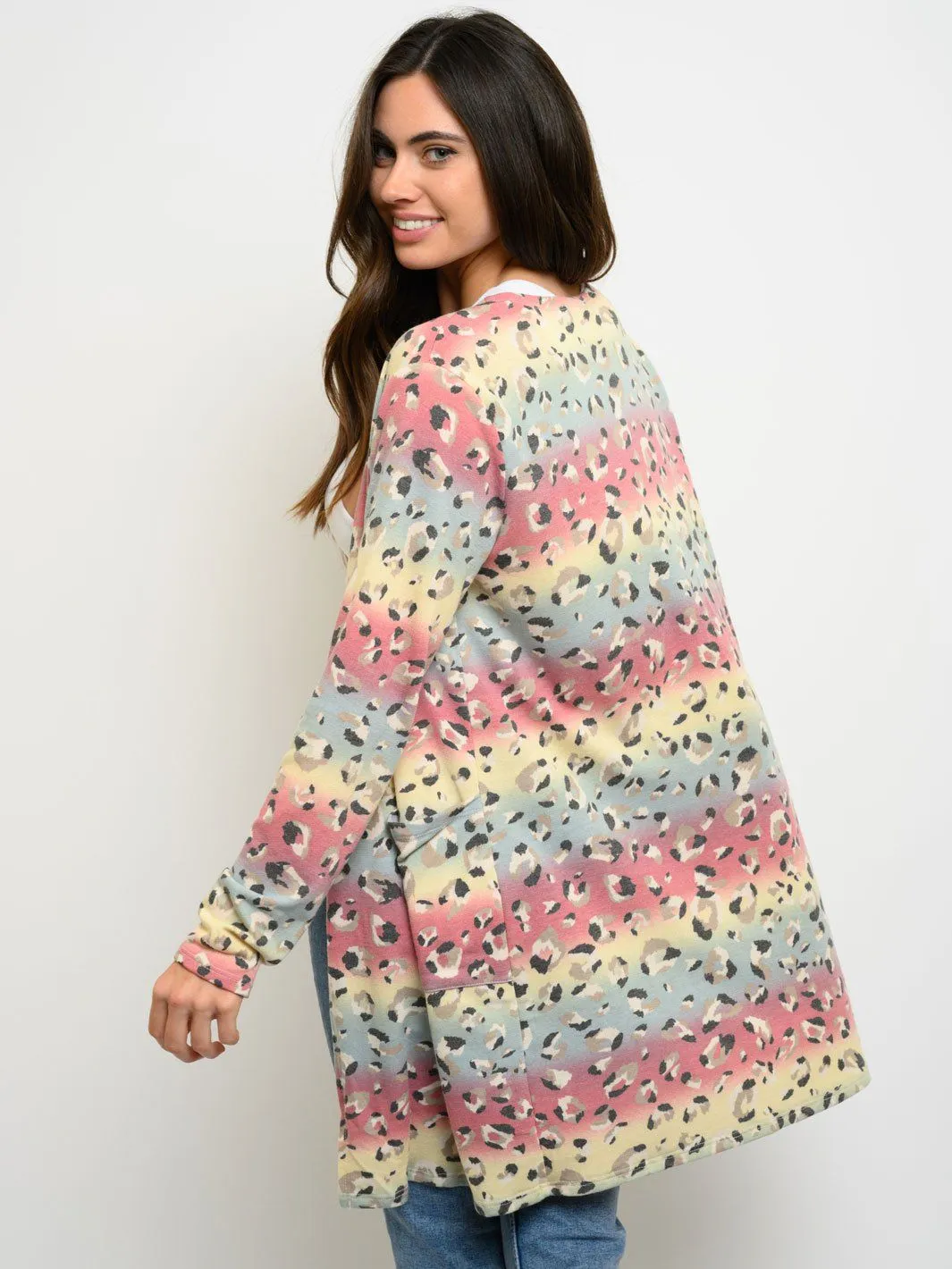 WOMEN'S ANIMAL PRINT MULTI COLOR POCKETS CARDIGAN