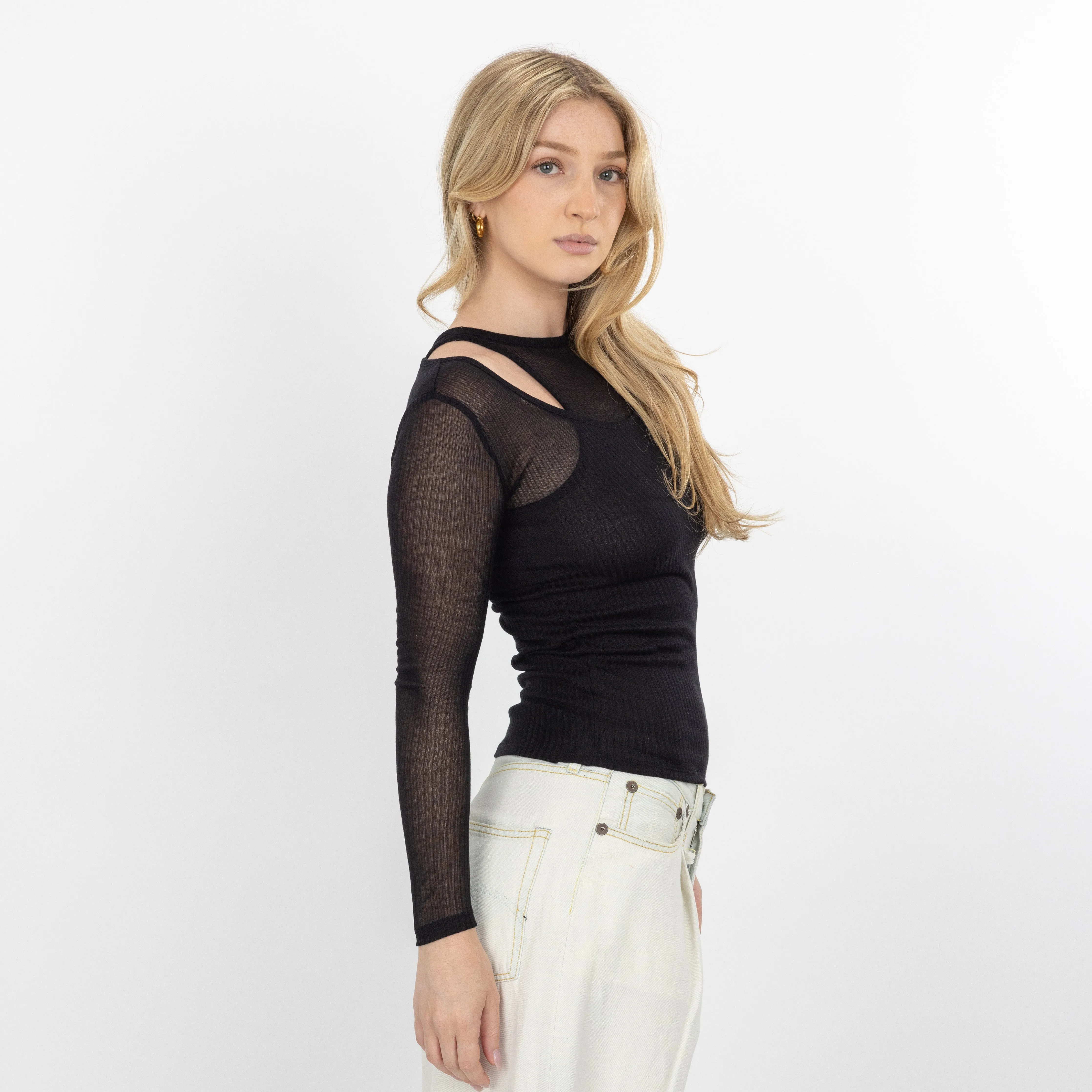 Womens Double Layer High Neck Tank / Long Sleeve - Black