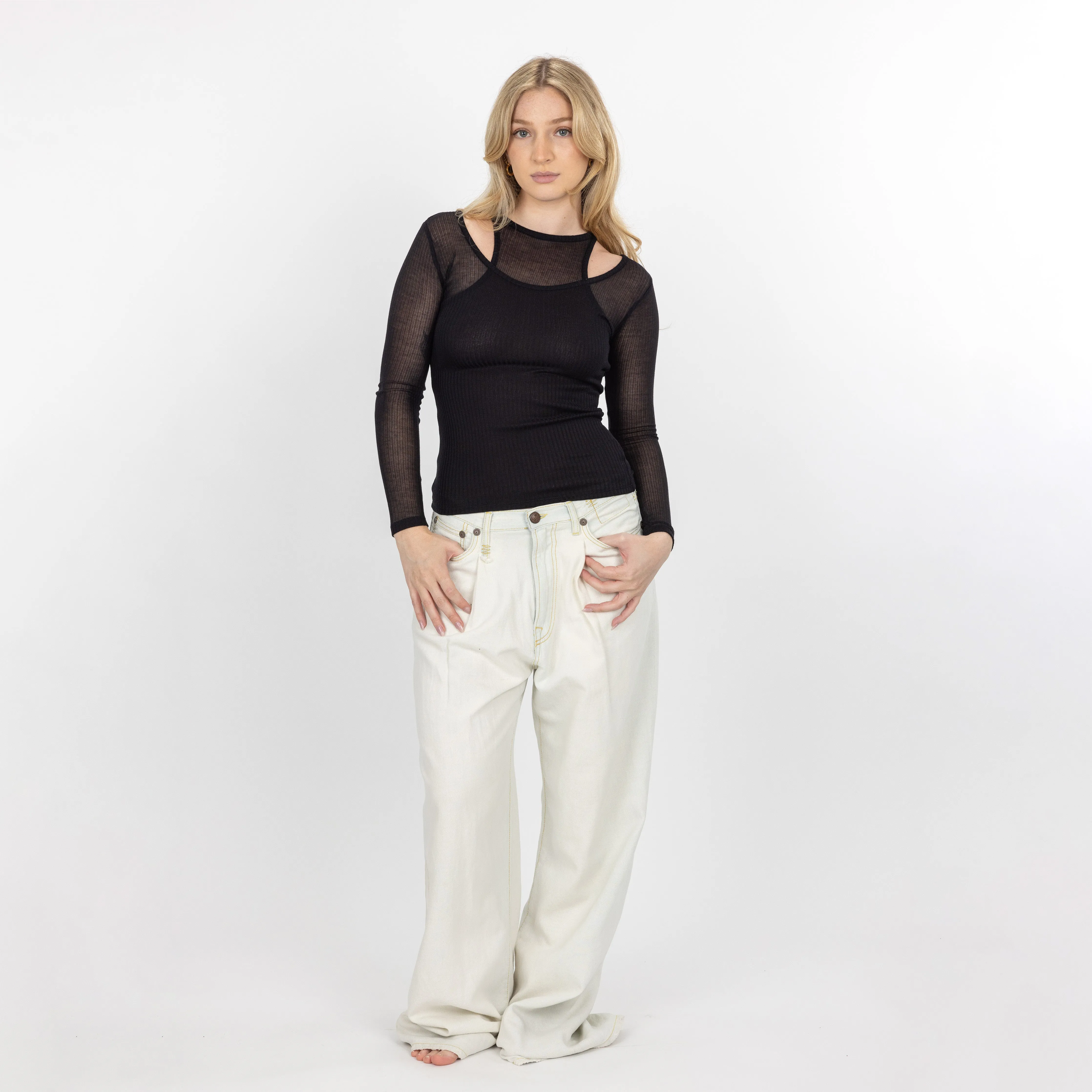 Womens Double Layer High Neck Tank / Long Sleeve - Black