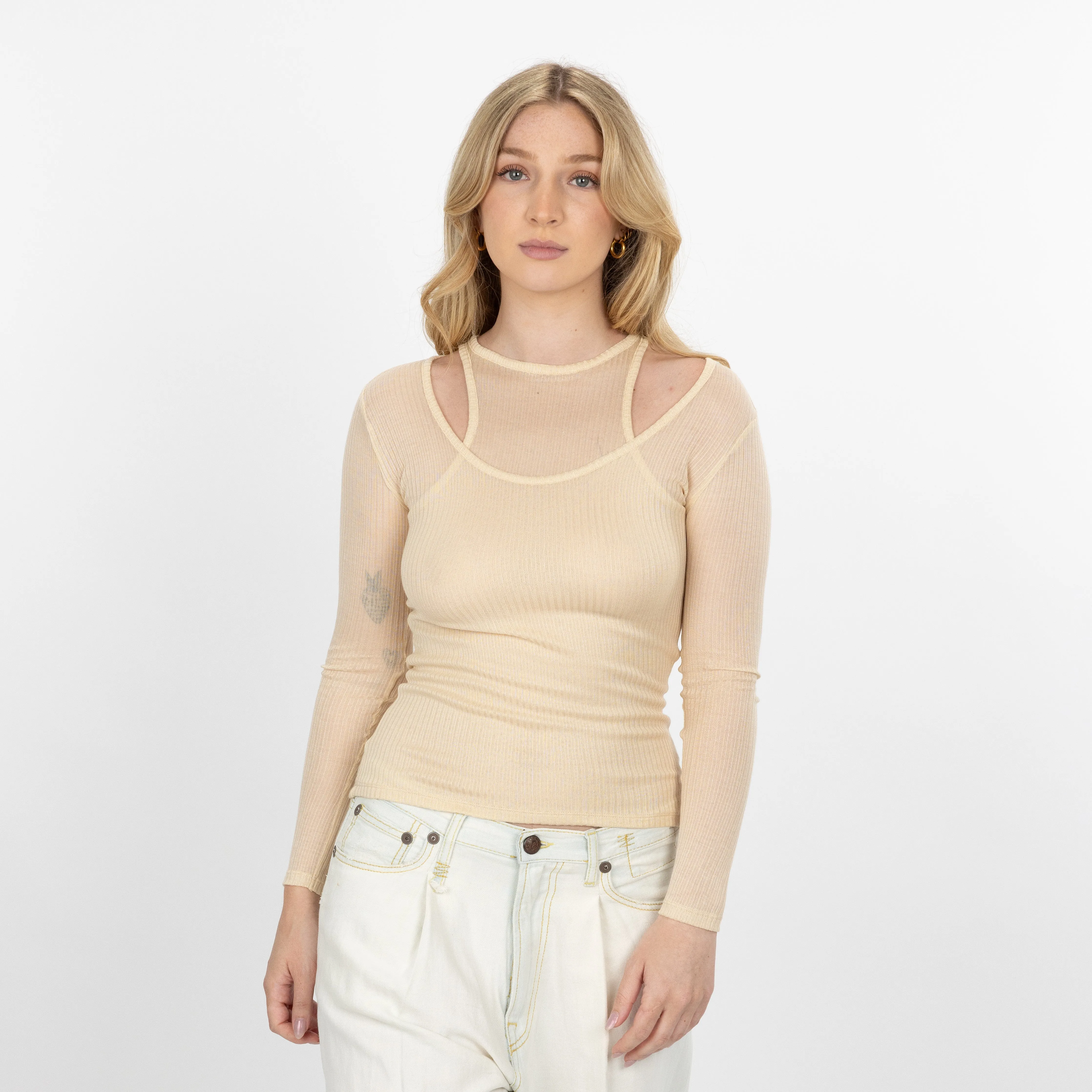 Womens Double Layer High Neck Tank / Long Sleeve - Wood Ash