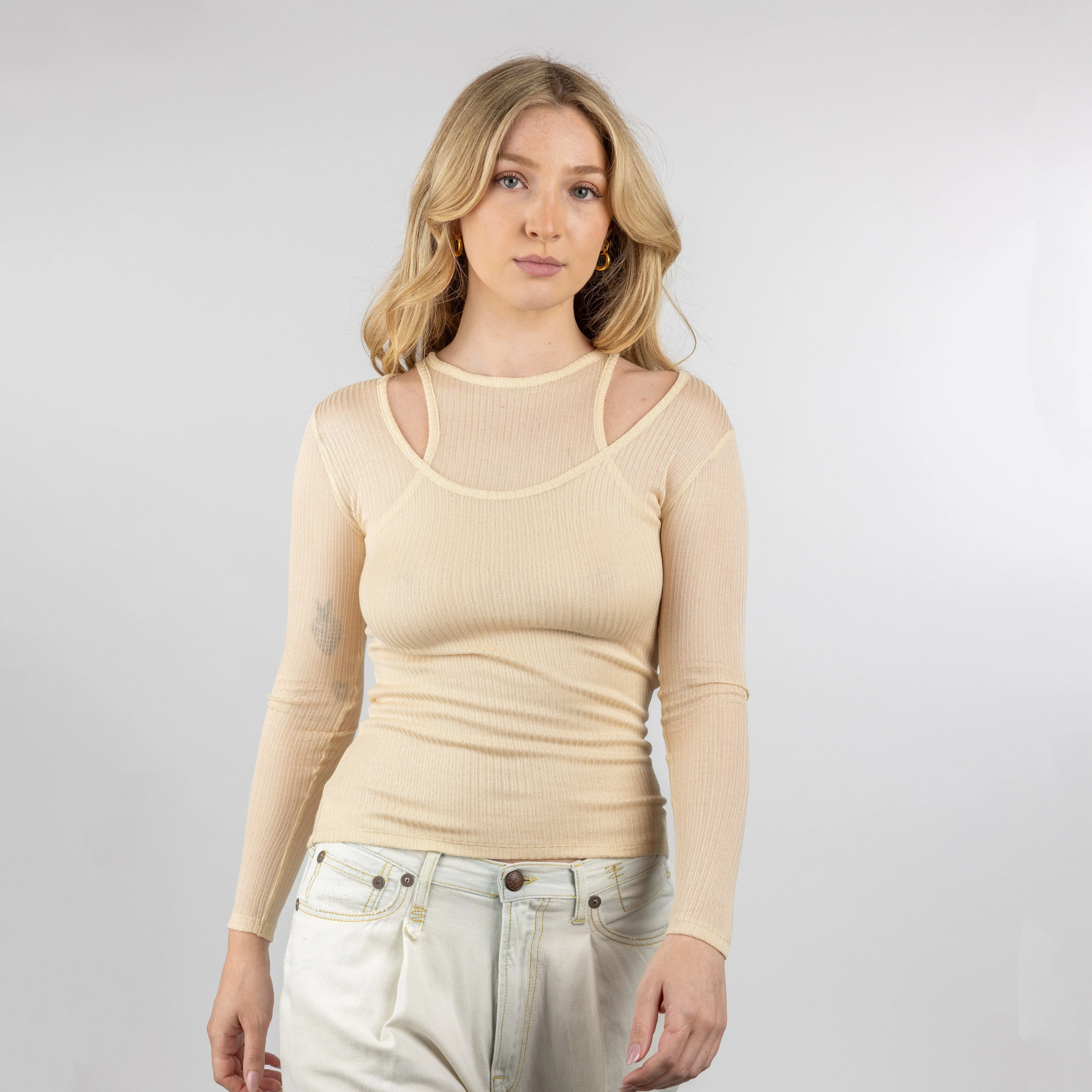 Womens Double Layer High Neck Tank / Long Sleeve - Wood Ash