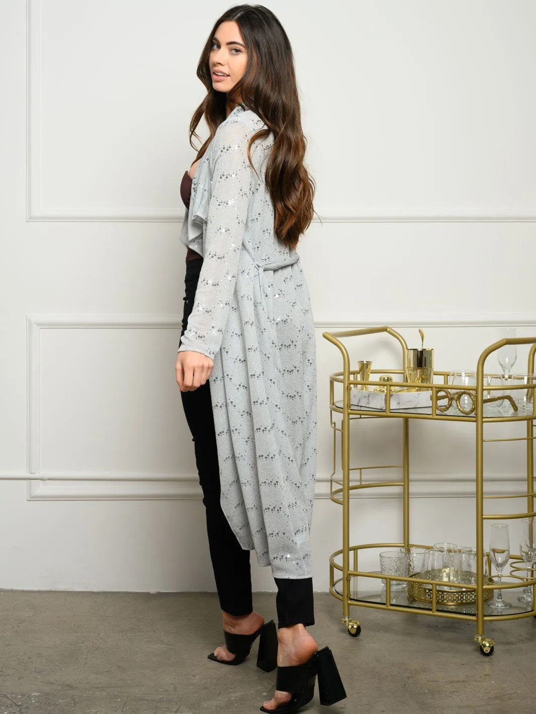 WOMEN'S LONG SLEEVE OPEN SEQUINS CARDIGAN