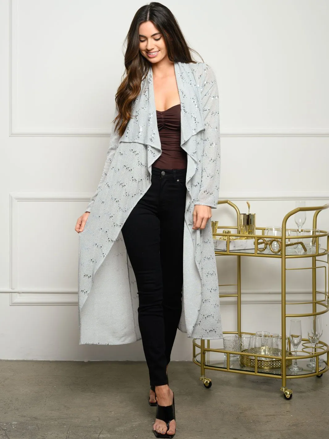 WOMEN'S LONG SLEEVE OPEN SEQUINS CARDIGAN