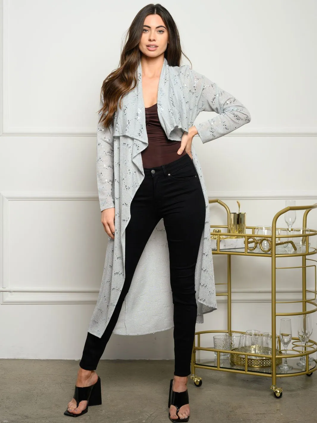 WOMEN'S LONG SLEEVE OPEN SEQUINS CARDIGAN
