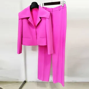 Womens Pink Pantsuit Crop Jacket Trousers Suit