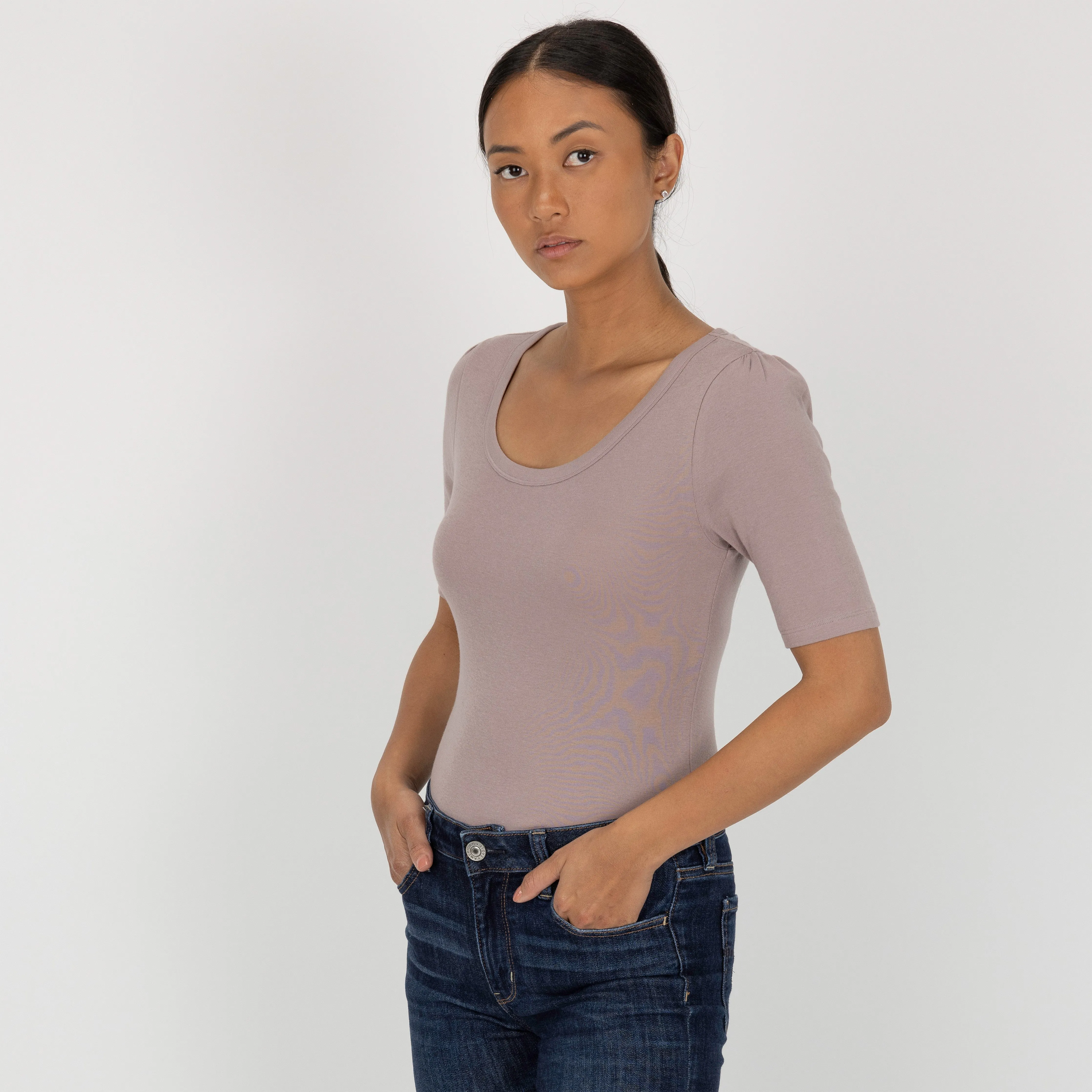 Womens Scoop Neck Elbow Length Tee - Purple Dove