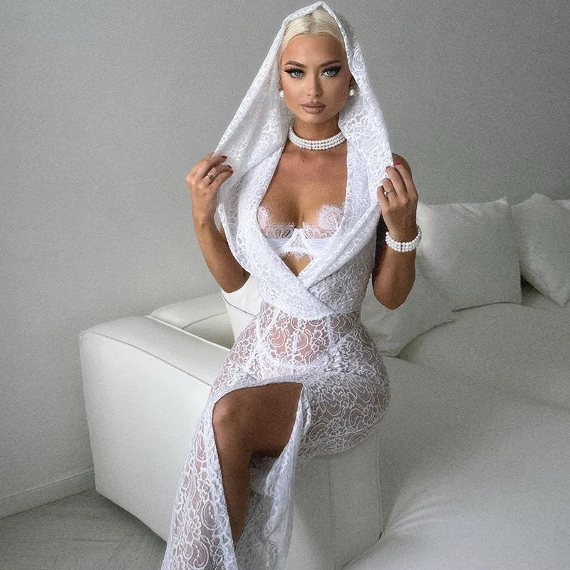 YJ23380Lace Hooded Sexy See-through Slit Slim-Fitting Hot Girl One-Piece Trousers European and American New Summer Women's Clothes